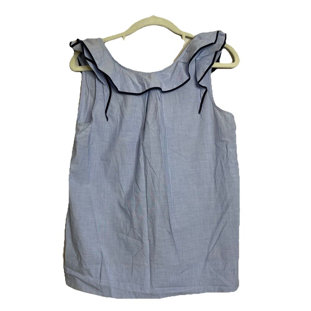 J Crew Womens Ruffle Sleeveless Blouse Cotton Poplin Feminine Nautical Blue Sz 2